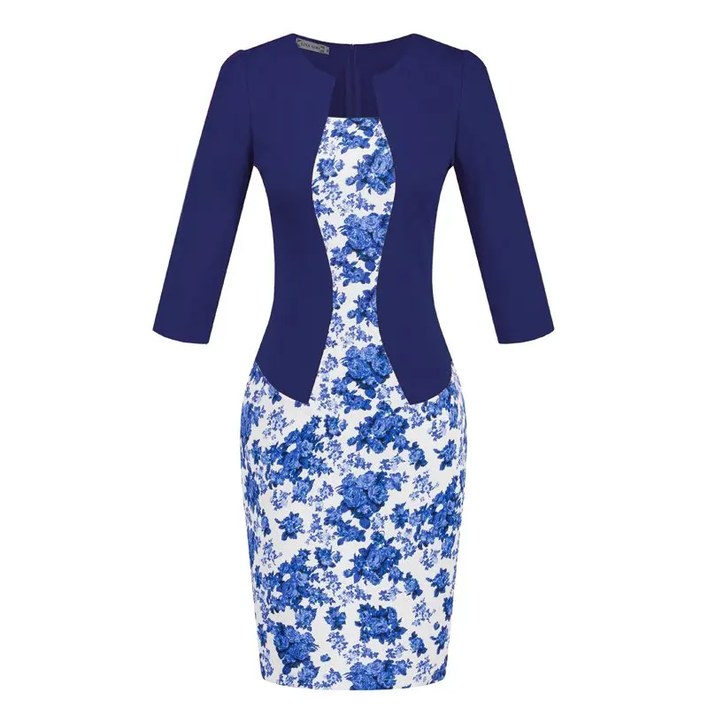 Осеннее платье-карандаш для офиса, элегантное, размера плюс, черное, красное, модное, женское, облегающее, Vestido, Женская рабочая одежда, винтажная женская одежда - Цвет: Orchid flower Blue