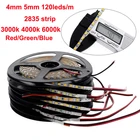 Тонкая узкая гибкая светодиодная лента 2835, ширина 4 мм, 5 мм, 4000 к, натуральный белый свет, светодиодовм, 12 В постоянного тока, не водонепроницаемая лента 5 м