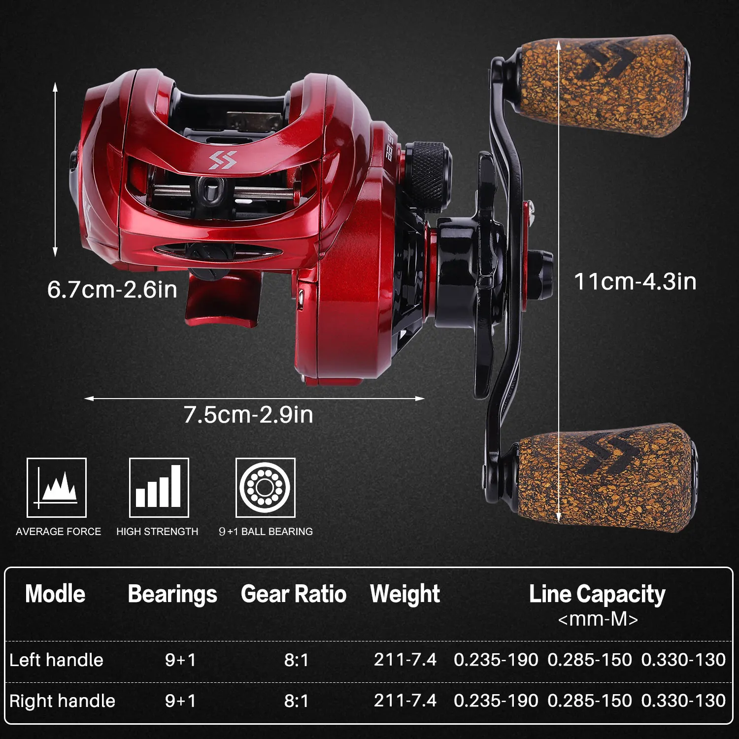

Baitcasting Reel Dual Brake System Reel 8kg Max Drag 9+1 Bbs 8 :1 High Speed Fishing Reel