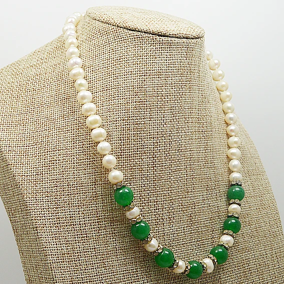 Жемчужное колье под шею 6-7 мм белый подлинный пресноводный жемчуг зеленый нефрит