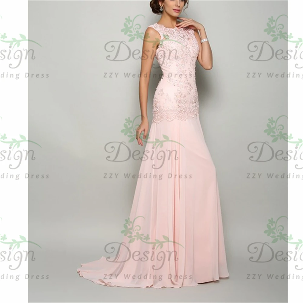 

Real Images! Pink Chiffon Scoop Lace Beading Sheath Sweep Train Custom-made Zipper Up Dresses Women Party Wedding Mother Dresses