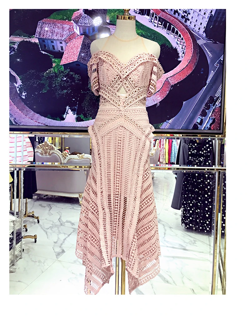 Женское кружевное платье с открытыми плечами праздничное пляжное миди осень