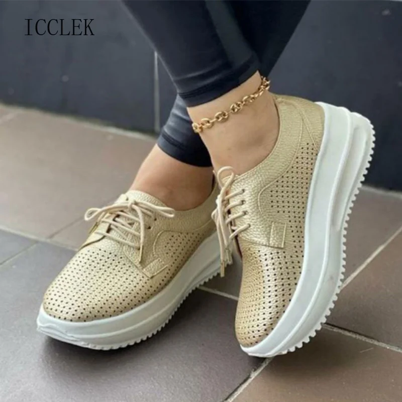 

Women's Casual Vulcanized Shoes Platform Hollow Sneakers Breathable Ladies Lace Up Thick Heels Solid Female Plus Size