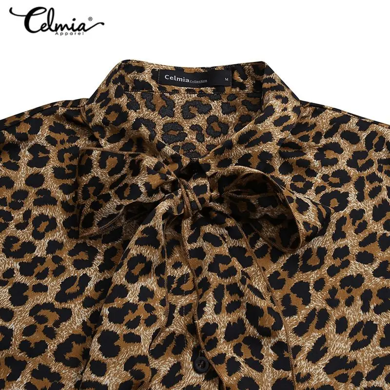 

2021 Celmia Elegant Bow Blouse Women Sexy Leopard Print Blouses Long Sleeve Office Casual Loose Lapel Buttons Shirt Party Tops