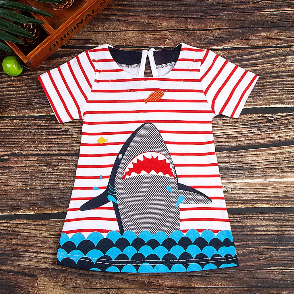 Dress For Baby Girls Cartoon Stripe Shark Print Short Sleeve Clothes Y87 | Детская одежда и обувь