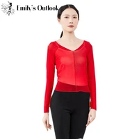 women mesh shirt transparent dancer practice wear long sleeve top sexy v neck modern dance blouse plus size red