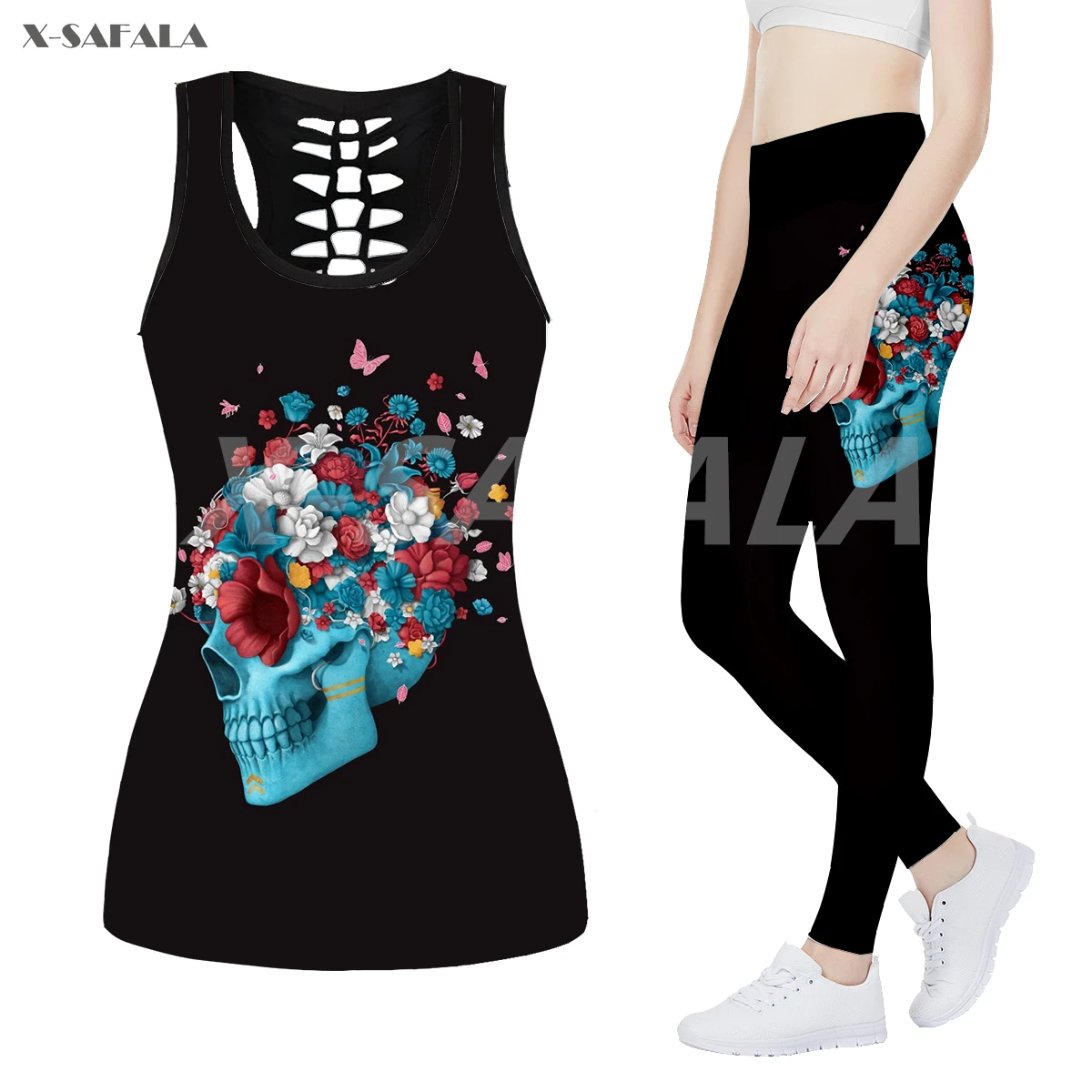 

Skull Dance Girl Flower 3D Printed Fitness Women Yoga Set 1 Hollow Tank Top Leggings Outfit High Waist Stretchy Sport Pants