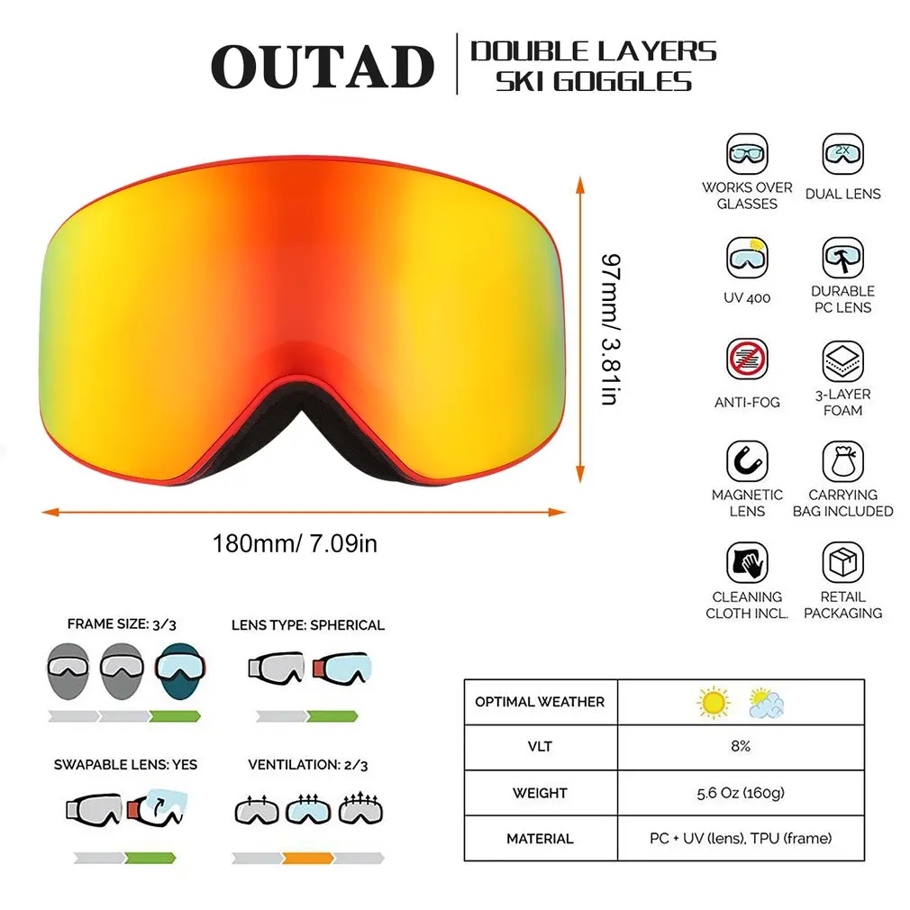 

Outad double-layer ski goggles Uv anti-fog protective glasses outdoor sports skating ski goggles Snow Snowboard Eyewear