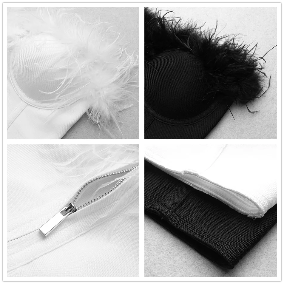 

2021 New Summer High Quality Fashion Feather Strapless Black And White Bandage Top Night Club Short Top