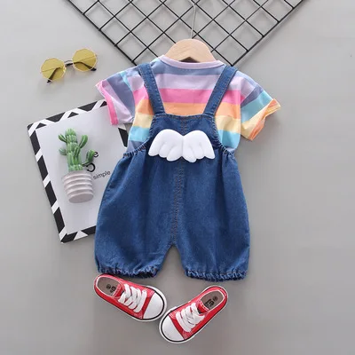 

LZH 2021 Fashion Rainbow Stripes Summer Suit For Newborn Short Sleeve Baby Girls Clothing Set New Children Outfit 0-1-2-3-4 Year