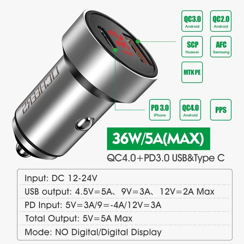 Автомобильное зарядное устройство 36 Вт Quick Charge 4 0 3 Металл двойной USB для iPhone Xiaomi