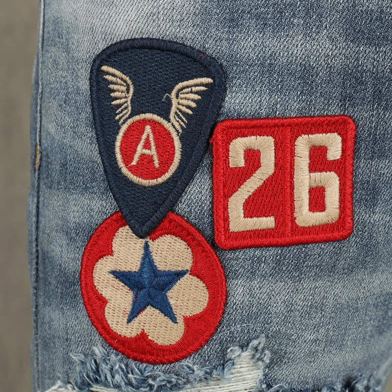 

Fashion Streetwear Men Jeans Retro Light Blue Elastic Slim Fit Ripped Denim Trousers Patches Designer Hip Hop Punk Pencil Pants
