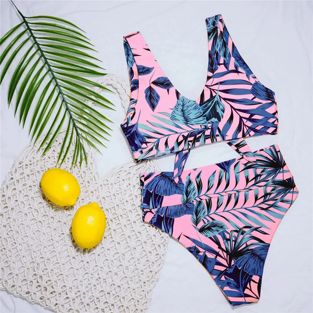 Комплект бикини с принтом листьев пуш-ап 2020 бретельками высокой талией полый