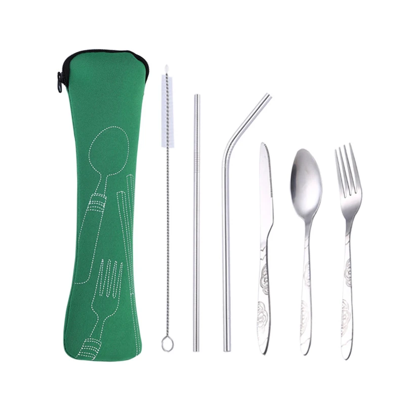 6pcs green Hifuar 3 шт./компл. Нержавеющая сталь набор посуды для располагаться лагерем перемещения столовый набор из вилок ужин посуда Чехол комплект с матерчатые мешки - Цвет: 6pcs green