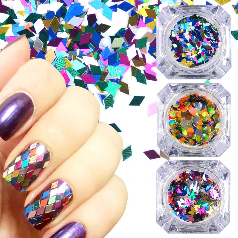 

2022 Rhombus/Butterfly / Hexagon Fashion Designs Nail Art Glitter Paillette Dazzling Mixed Colorful DIY Diamond Sticker Tips