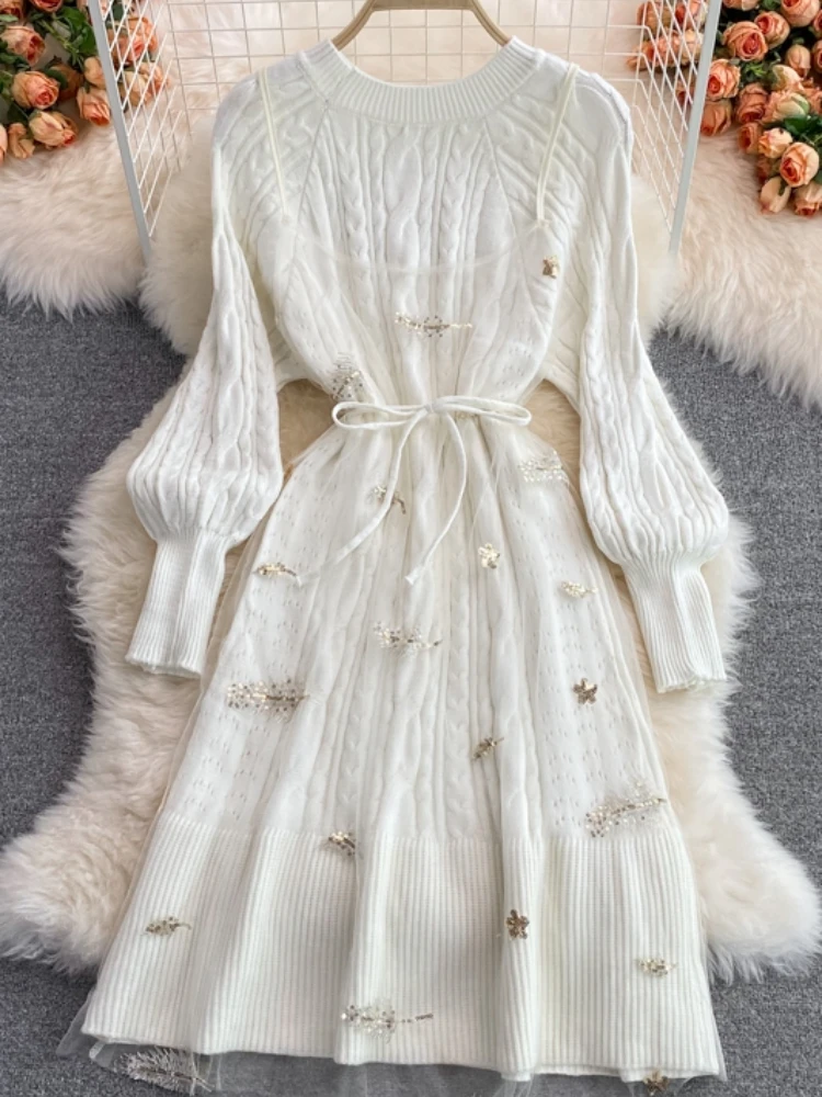 

Aibeautyer New Autumn Solid Slim Appliques Mid-Calf Lady Full Dress A Line O Neck Chiffon Pullover Puff Sleeve Women Dresses