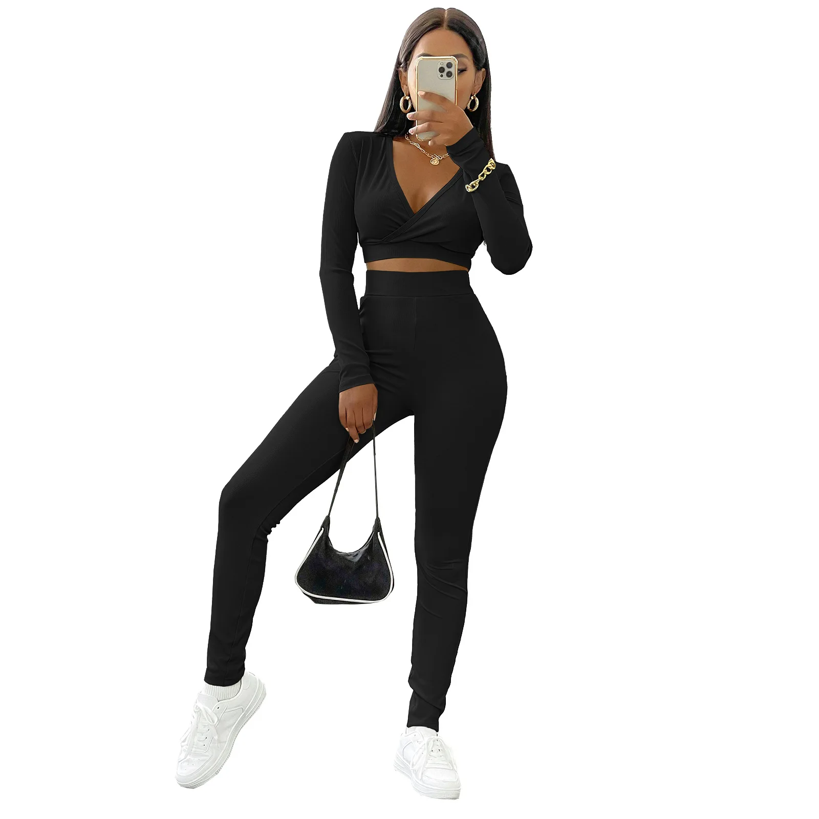 

AYES Matching Sets Fitness Autumn Women'S Set 2 Piece Suit Solid Long Sleeve Deep V Tops Pants Outfit Sport Pant Sets Tracksuit