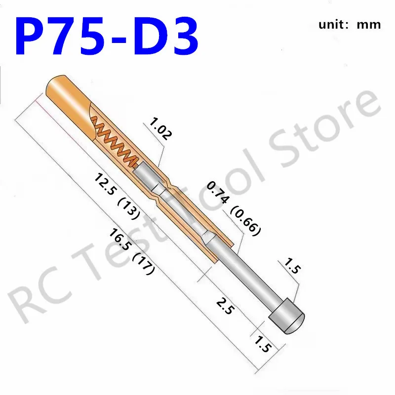 

100PCS Spring Test Probe P75-D3 Test Pin P75-D Nickel-Plated Round Head Dia 1.50mm Pogo Pin PCB Test Tool 1.02mm 16.5mm