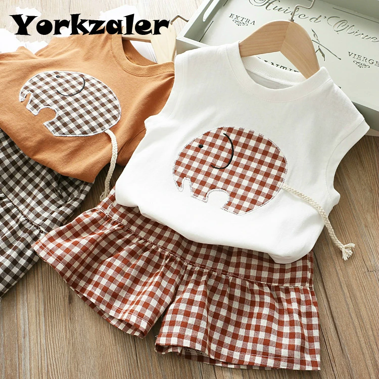 

Girls Elephant Clothes Set Sleeveless Shirt and Plaid Shorts Pants Cotton Children Clothing Suit 2019 New Brand Kids Clothes