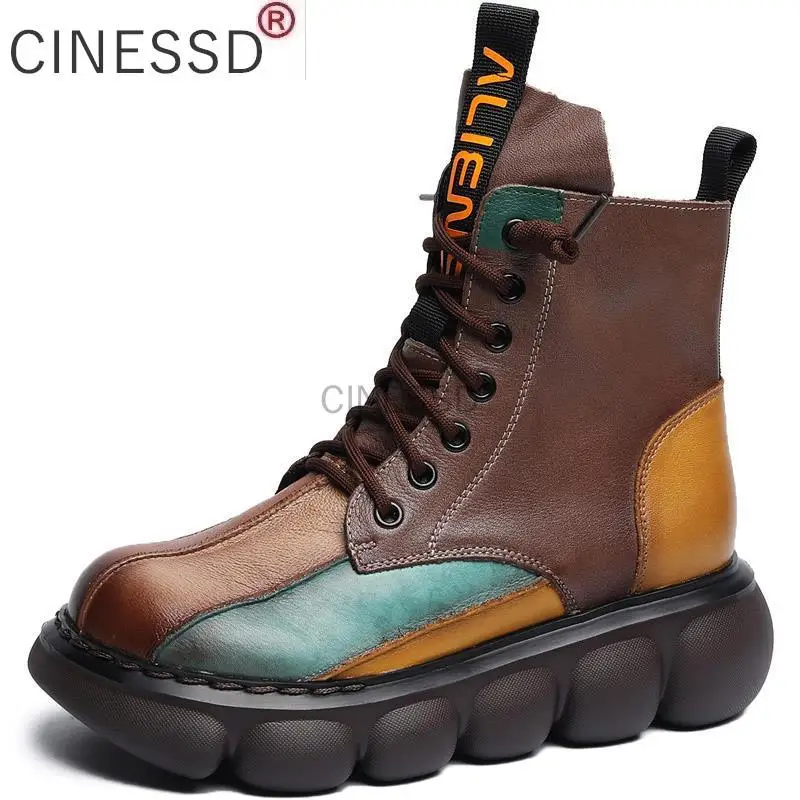 

Genuine Leather Mixed Colors Shoes Women Boots 2021 New Autumn Winter Round Toe Retro Rome Leisure Ankle Boots Botas De Mujer