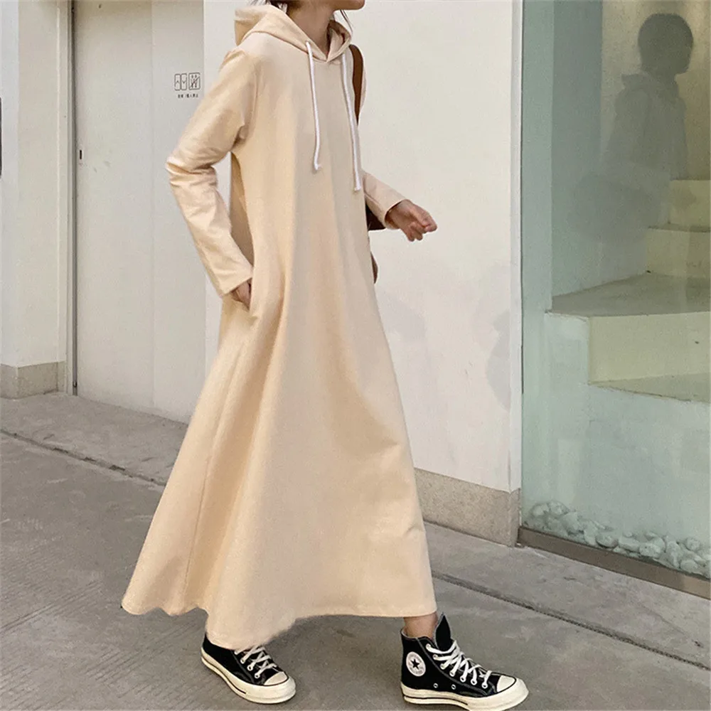 Женское платье-свитер с капюшоном свободное однотонное длинное платье в