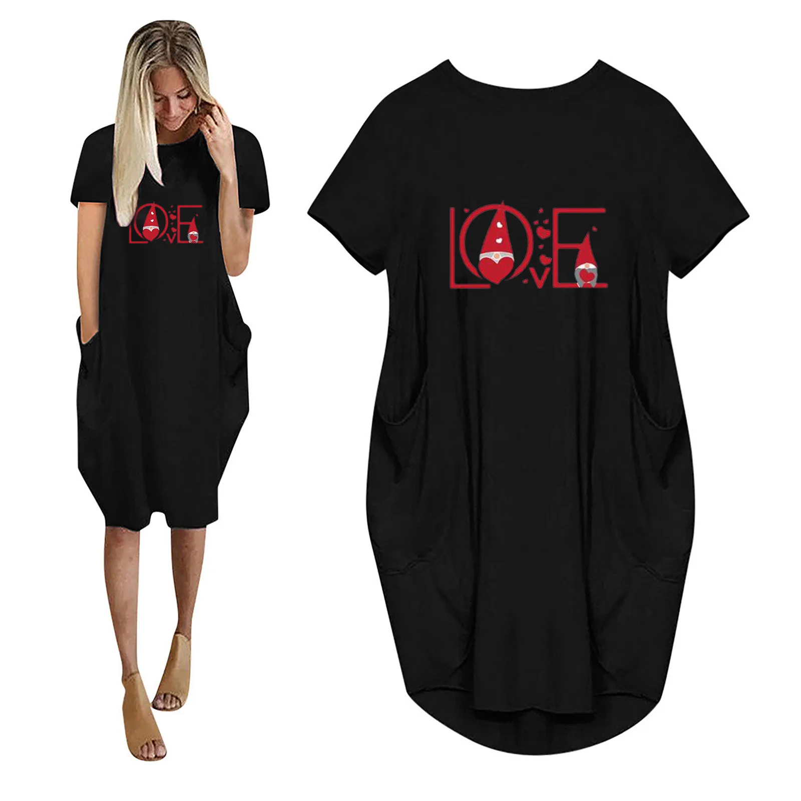 

Valentine's Day Dresses For Women Women's Summer Fashion Love Print Casual Short Sleeve Pocket Round Neck Dress
