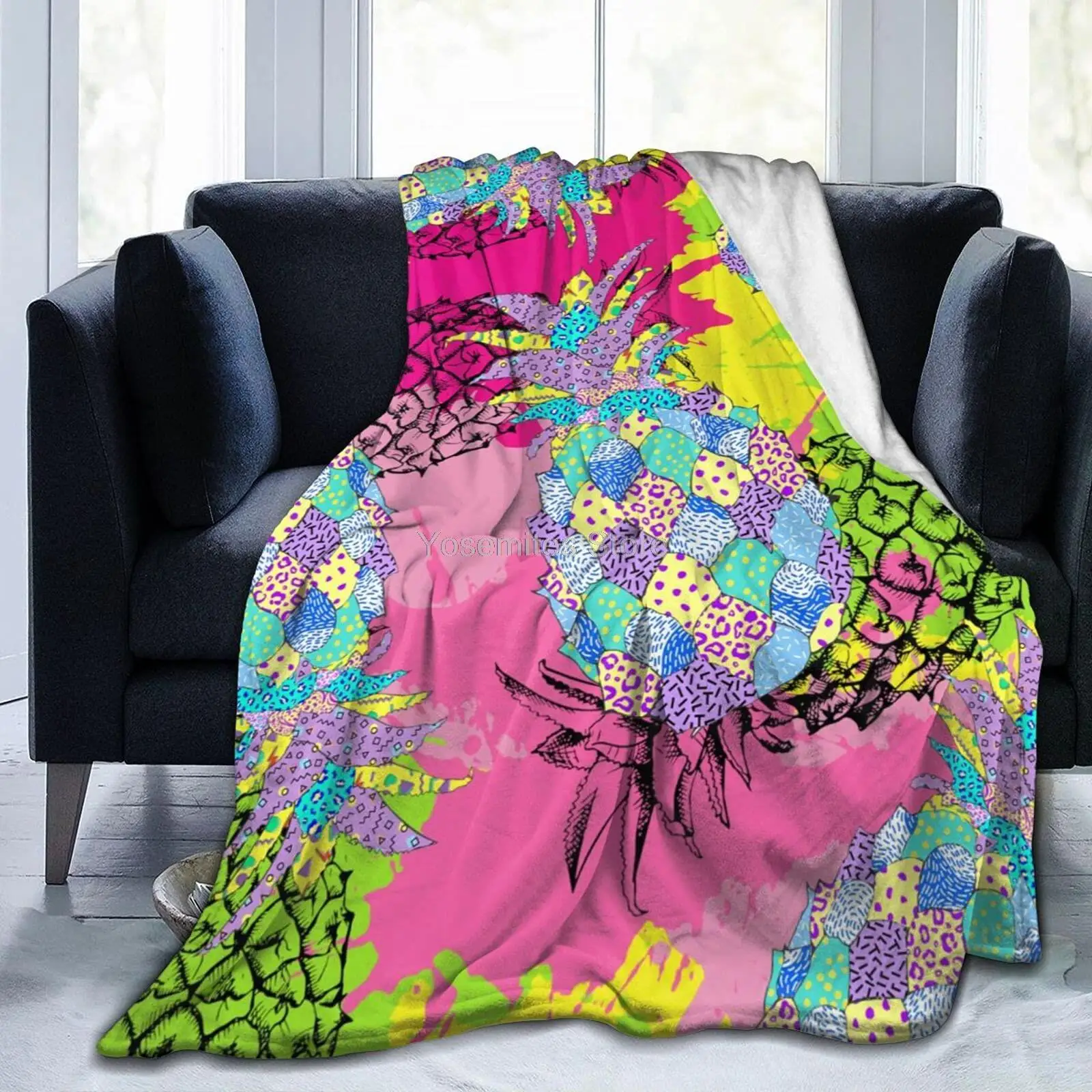 

Watercolor Pineapple 80s 90s Flannel Fleece Blanket for Couch Bed Sofa Super Soft Warm Plush Microfiber Blankets