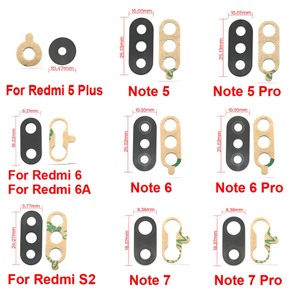 2Pcs/Lot, Rear Back Camera Glass Lens Cover with Ahesive Sticker For Xiaomi Redmi Note 7 6 5 5A 6A 7A Pro Plus S2 9 10