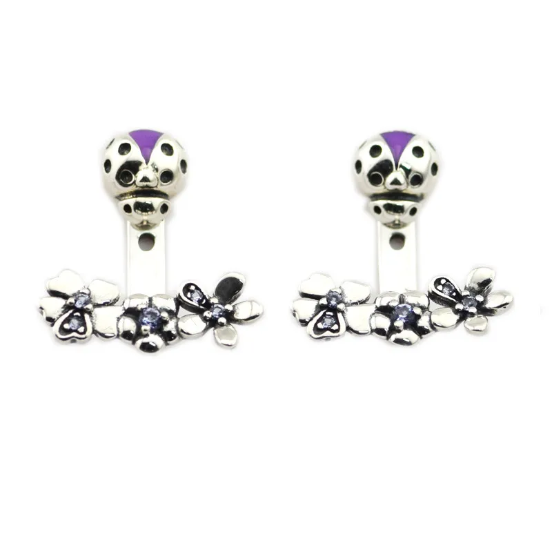

Ladybug Meadow Stud Earrings for Women Purple Enamel & Clear CZ Flowers Female Shine 925 Sterling Silver Women Earrings Jewelry