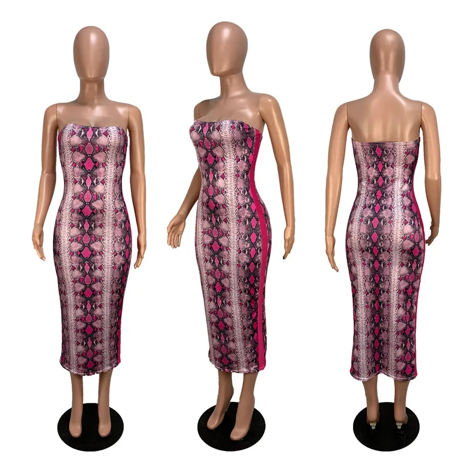 

Women dress snake skin print strapless bodycon midi dress beach night club party pencil dresses vestidos outfit
