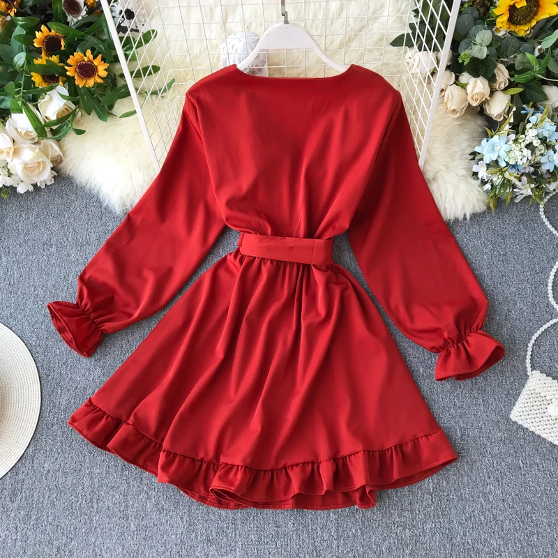 2019 Новое весенне осеннее однотонное платье с v образным вырезом и длинными