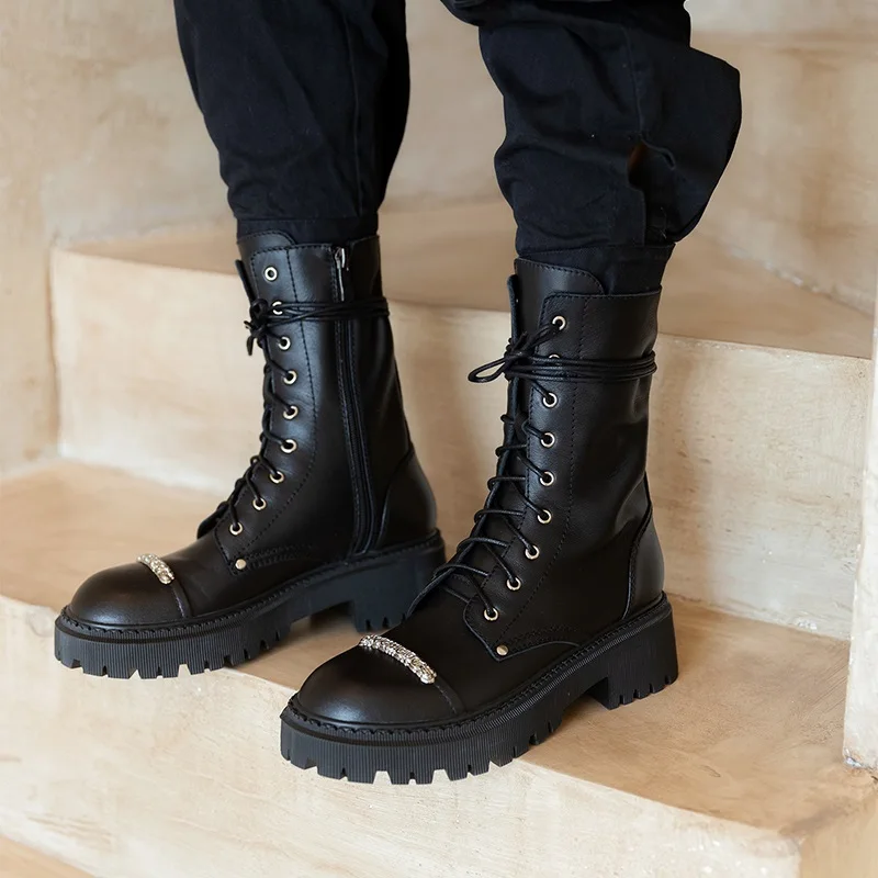 

women ankle boots platform genuine leather zipper retro round toe ladies thick heel shoes handmade metal decoration riding boots