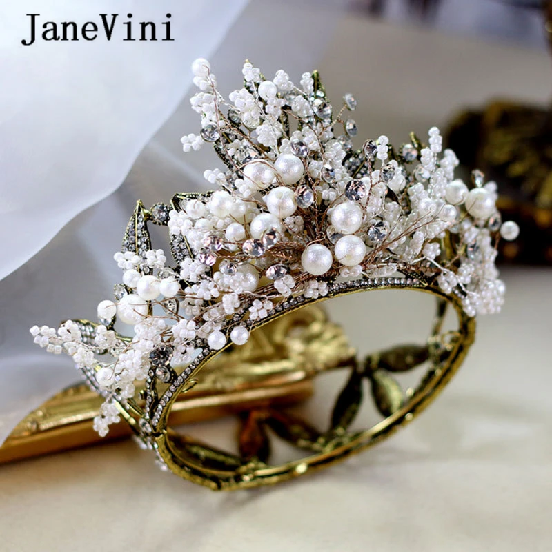 

JaneVini Baroque Luxury Handmade Pearls Bridal Crowns Tiaras Gold Beaded Diadem Crown for Bride Wedding Jewelry Hair Accessories