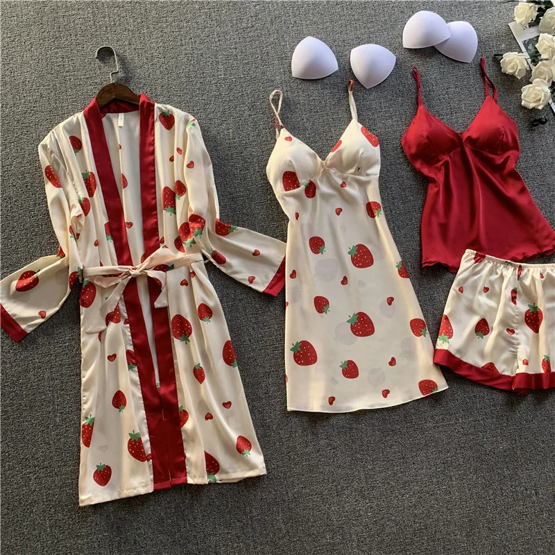 

Young Lady Summer Sweet 4PCS Sleepwear Suit Strawberry Print Kimono Bath Gown Sexy V-Neck Nightdress Casual Home Wear