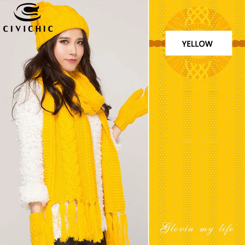 Yellow Шикарный женский вязаный шарф, шапка, перчатки из флиса и бархата, комплект из 3 предметов, осенний зимний головной убор, теплый помпон Skullies Beanies, грелка для шеи SH120 - Цвет: Yellow
