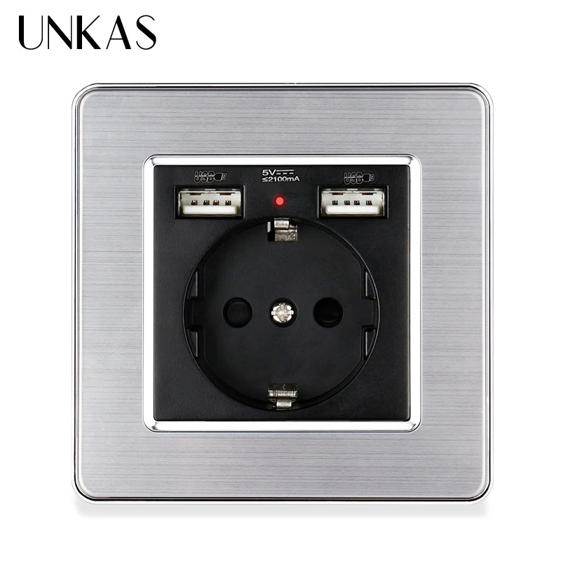 

UNKAS Stainless Steel Panel Russia Spain EU Standard 16A Wall Socket Dual USB Charge Port Black White Grey Electrical Outlet