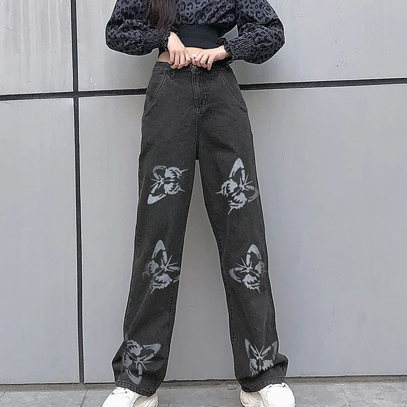 

Women's High-waist Straight-leg Jeans with Butterfly Print Mopping Loose Wide-leg Pants NYZ Shop