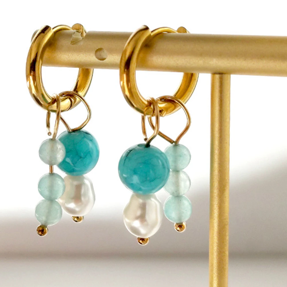 

Boho Blue Bead Baroque Pearl Hoop Earrings For Women Gold Color Round Stainless Steel Earring Elegant Jewelry Wedding Party Gift