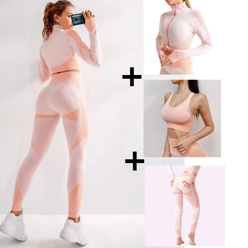 

New seamless zipper clothes European and American fitness sports quick-drying bra top pants three-piece suit