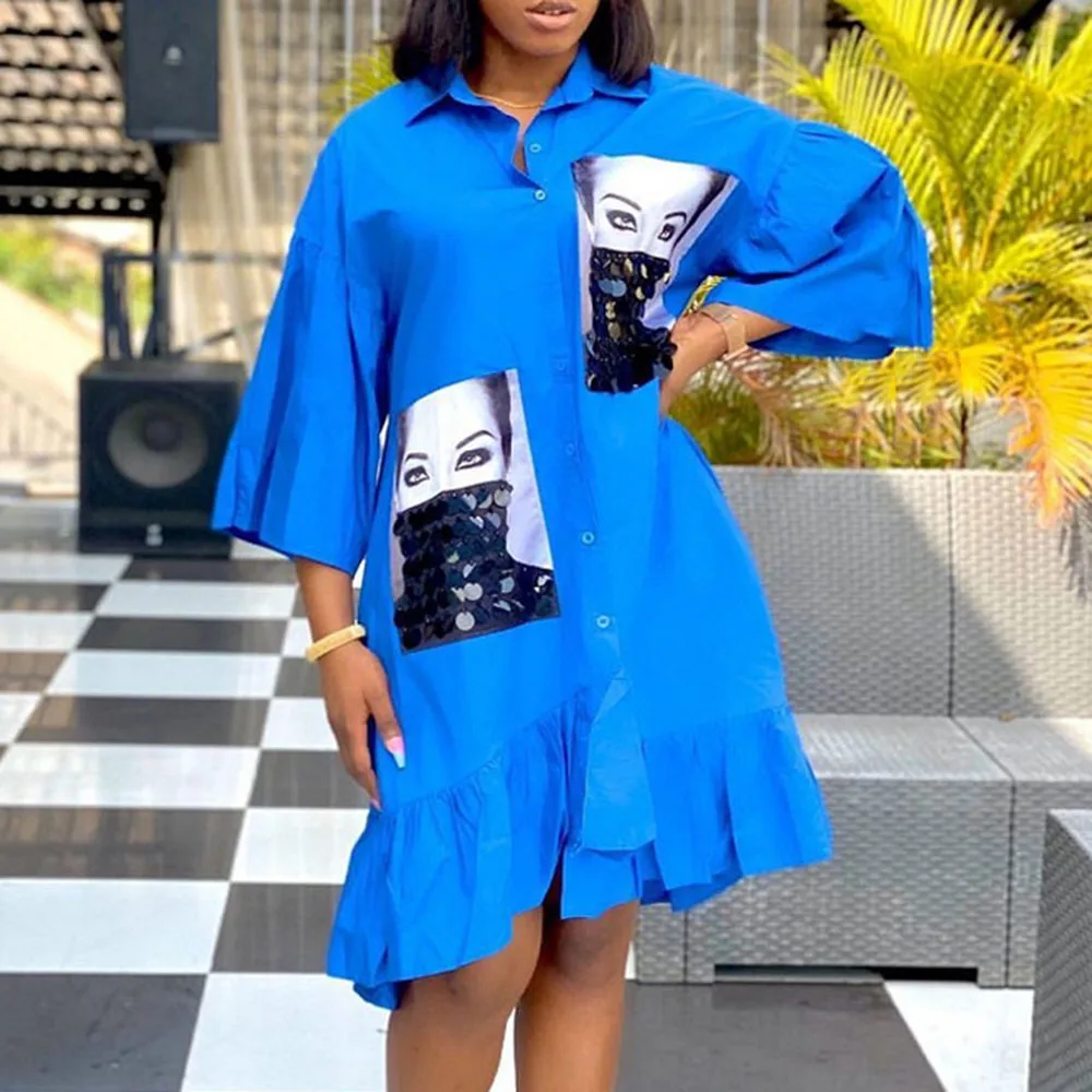 

Western Style Mid-length Shirt Dress Solid Color Printing Loose Oversize Ruffle Single-breasted Fashion Lapel 7-point Sleeve