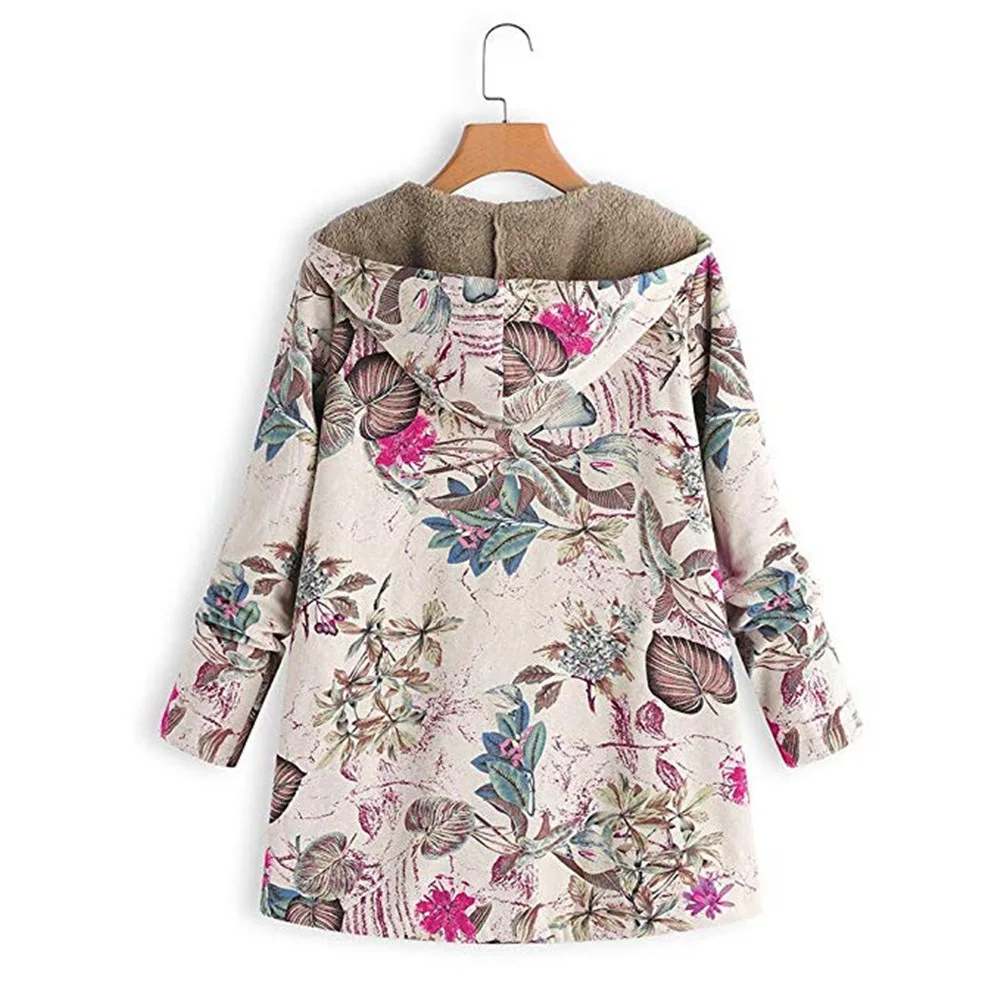 Women's Jacket Cotton and Linen Sweater Plus Velvet Thick Warm Cotton Jacket Hot Sale Floral Print Hooded Plush Jacket Women