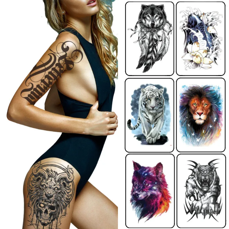 

Объемный акварельный Лев большого размера, временные татуировки для мужчин, Реалистичная сова, тигр, искусственная татуировка, наклейка, пе...