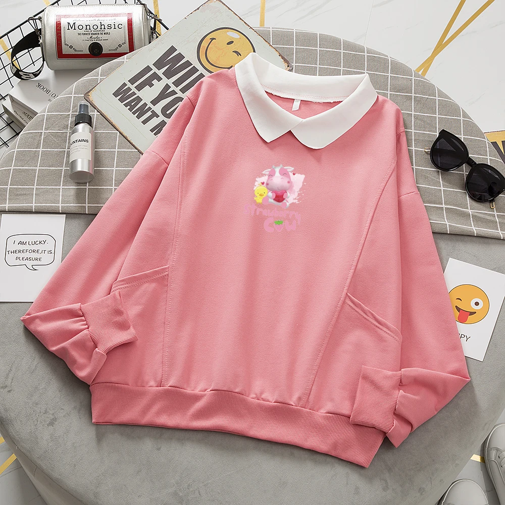Cute Hoodies Kawaii Strawberry Cow Print Hoodie Harajuku Turn-down Collar Hoodie Cotton Polo Shirt Women Sweetshirts Long Sleeve