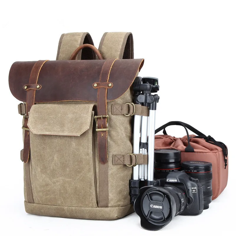 waxed canvas dslr camera bag photo backpack with laptop compartment waterproof photography bag free global shipping