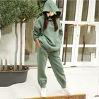 Зимние флисовые толстовки, спортивный костюм, Однотонный женский комплект из двух предметов большого размера, толстовка с длинным рукавом и капюшоном, брюки, костюм, спортивная одежда, наряд