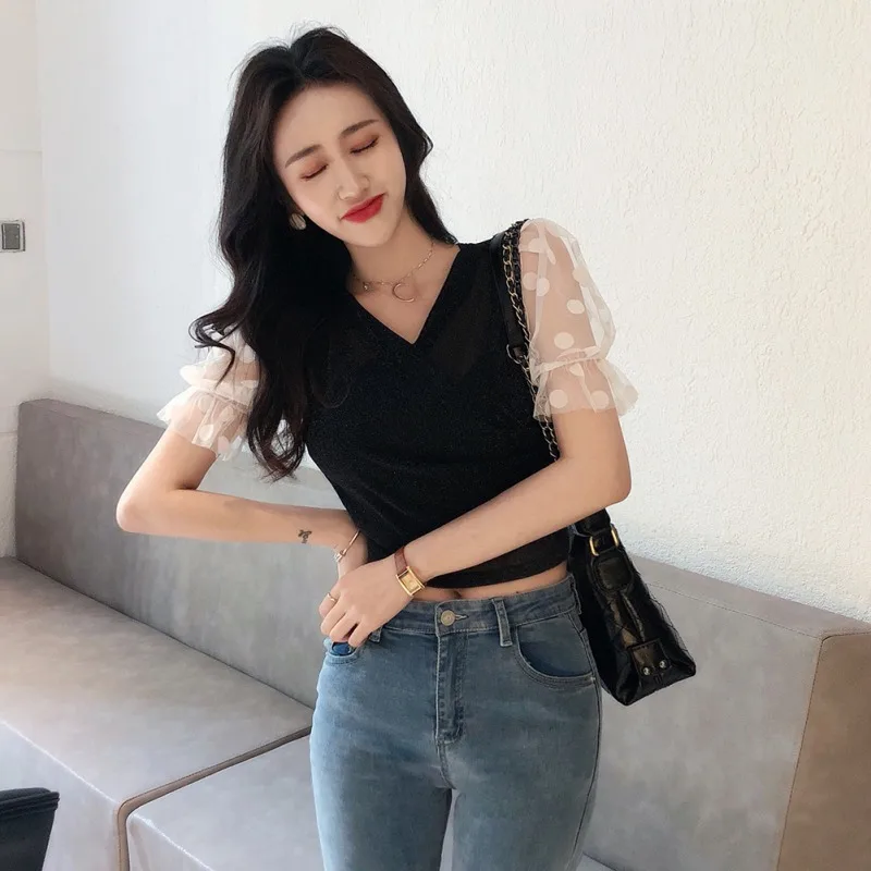 

Mesh Stitching Blouse Women Sexy Sling Strapless Blouse V Collar Solid Short Sleeve Chiffon Blusas Mujer De Moda!