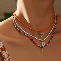 3pcsset bohemia colorful seed bead choker necklace statement short collar clavicle chain necklace for women girls beach jewelry