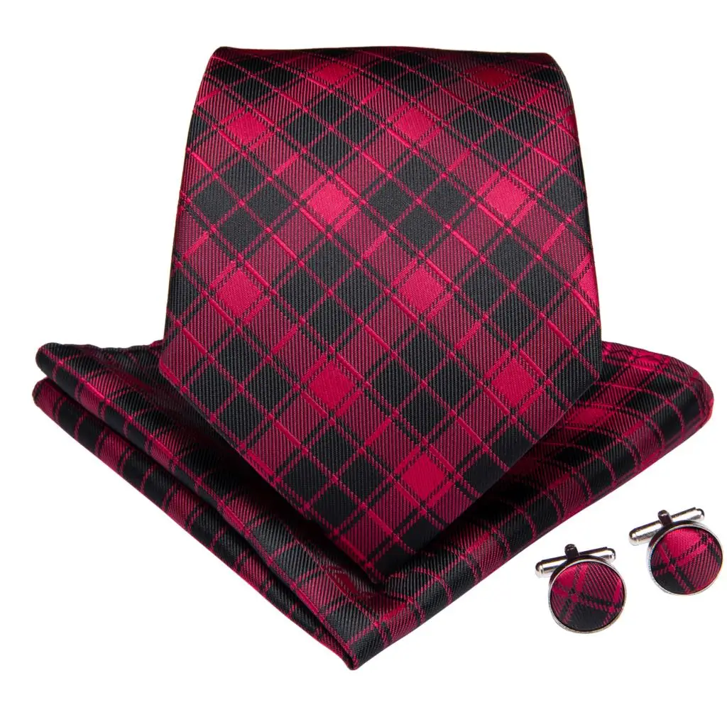 Модный мужской галстук красный черный в клетку Свадебный для мужчин Hanky запонки