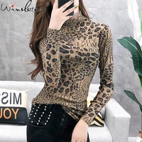 fall winter european style t shirt fashion turtleneck pullover vintage print mesh women tops ropa mujer long sleeve tees t08701l