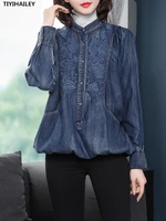 tiyihailey free shipping 2022 new fashion cotton denim shirts for women long sleeve embroidery blouses tops stand collar